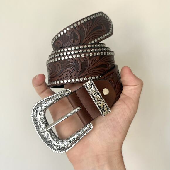 y2k western brown studded floral cowboy boho belt - Picture 2 of 11